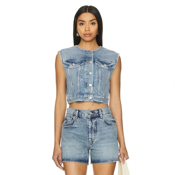 New Agolde Leo Vest Cropped Jacket Denim Jean  Sleeveless Medium Wash Blue XS - Picture 1 of 14